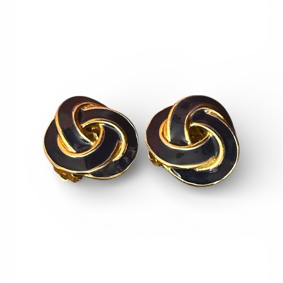 Donald Stannard Jewelry - VTG Donald Stannard Navy Blue Enamel Knot Clip On Earrings Gold Tone Bold 80s